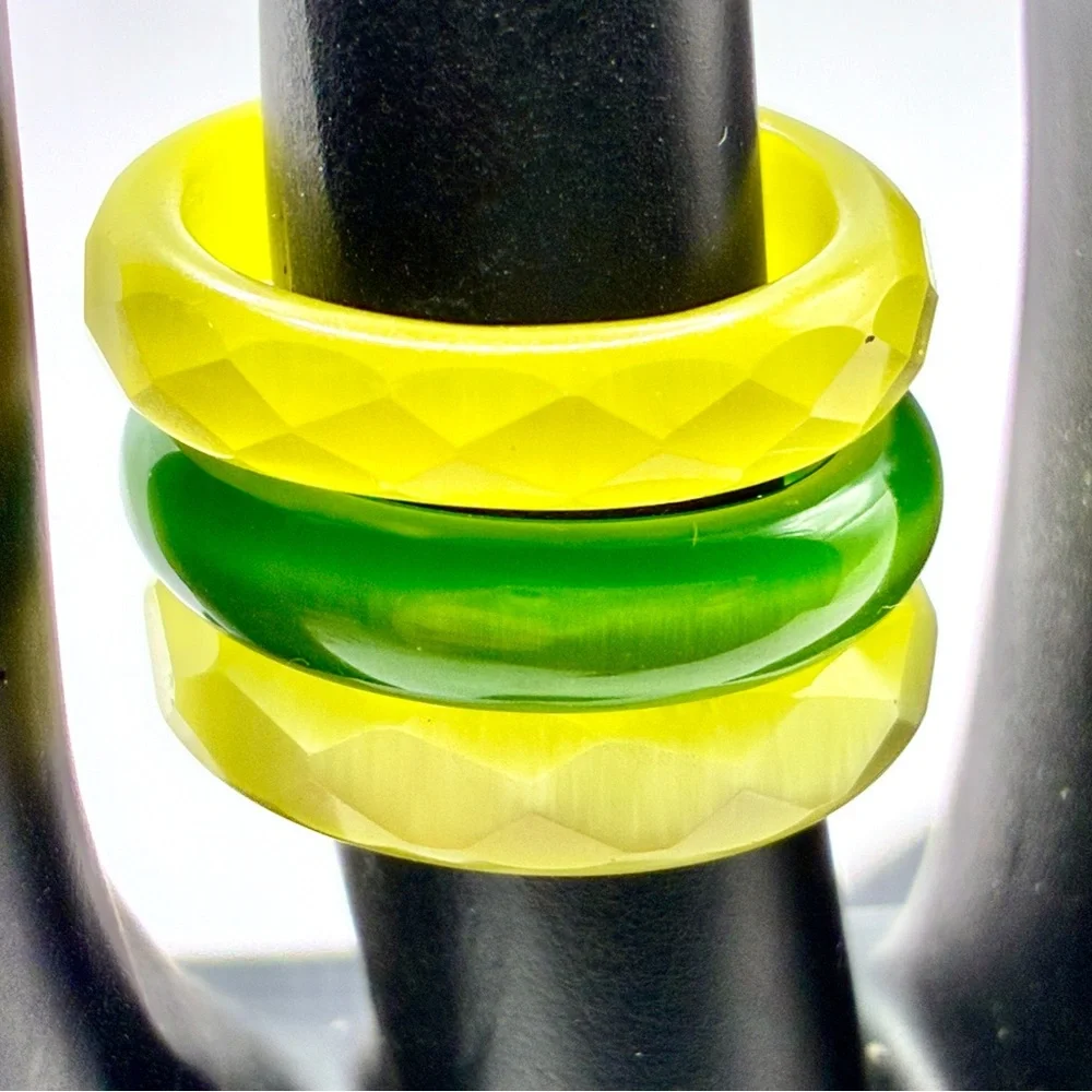 Vintage Set of 3 Lucite Rings, 2 Yellow, 1 Green Sizes 2 x 7.0 & 1 x 7.25